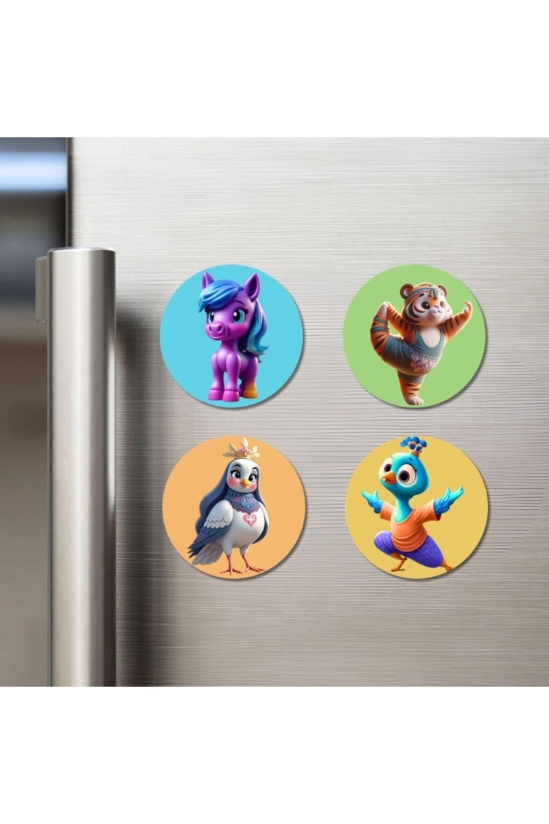 Pony, Bear, Sparrow, and Peacock Fridge Magnets 4 Piece Set | 3 Inch Round Wall Fridge Decor (F22906)