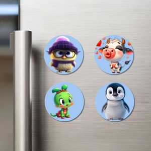 Bird, Cow, Mouse, and Penguin. Fridge Magnets 4 Piece Set | 3 Inch Round Wall Fridge Decor (F23062)