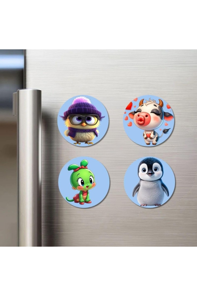 Bird, Cow, Mouse, and Penguin. Fridge Magnets 4 Piece Set | 3 Inch Round Wall Fridge Decor (F23062)