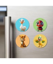 Goose, Ladybug, Fox, and Parrot. Fridge Magnets 4 Piece Set | 3 Inch Round Wall Fridge Decor (F22856)