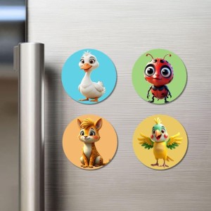 Goose, Ladybug, Fox, and Parrot. Fridge Magnets 4 Piece Set | 3 Inch Round Wall Fridge Decor (F22856)