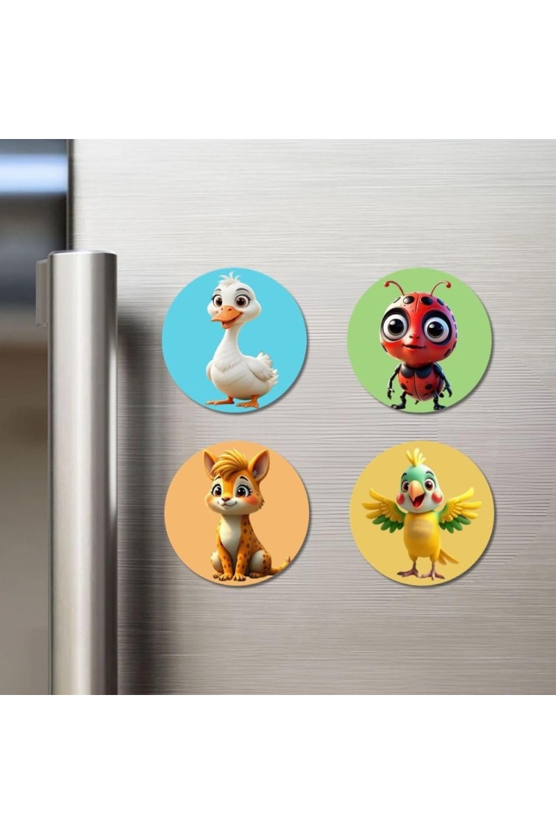 Goose, Ladybug, Fox, and Parrot. Fridge Magnets 4 Piece Set | 3 Inch Round Wall Fridge Decor (F22856)