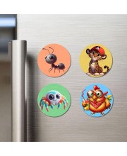 Horse, Raccoon, Bee, and Hippo. Fridge Magnets 4 Piece Set | 3 Inch Round Wall Fridge Decor (F22957)