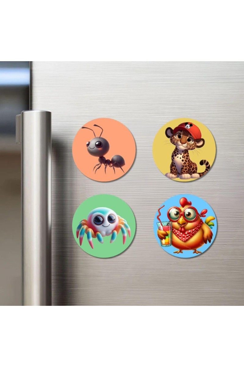 Horse, Raccoon, Bee, and Hippo. Fridge Magnets 4 Piece Set | 3 Inch Round Wall Fridge Decor (F22957)