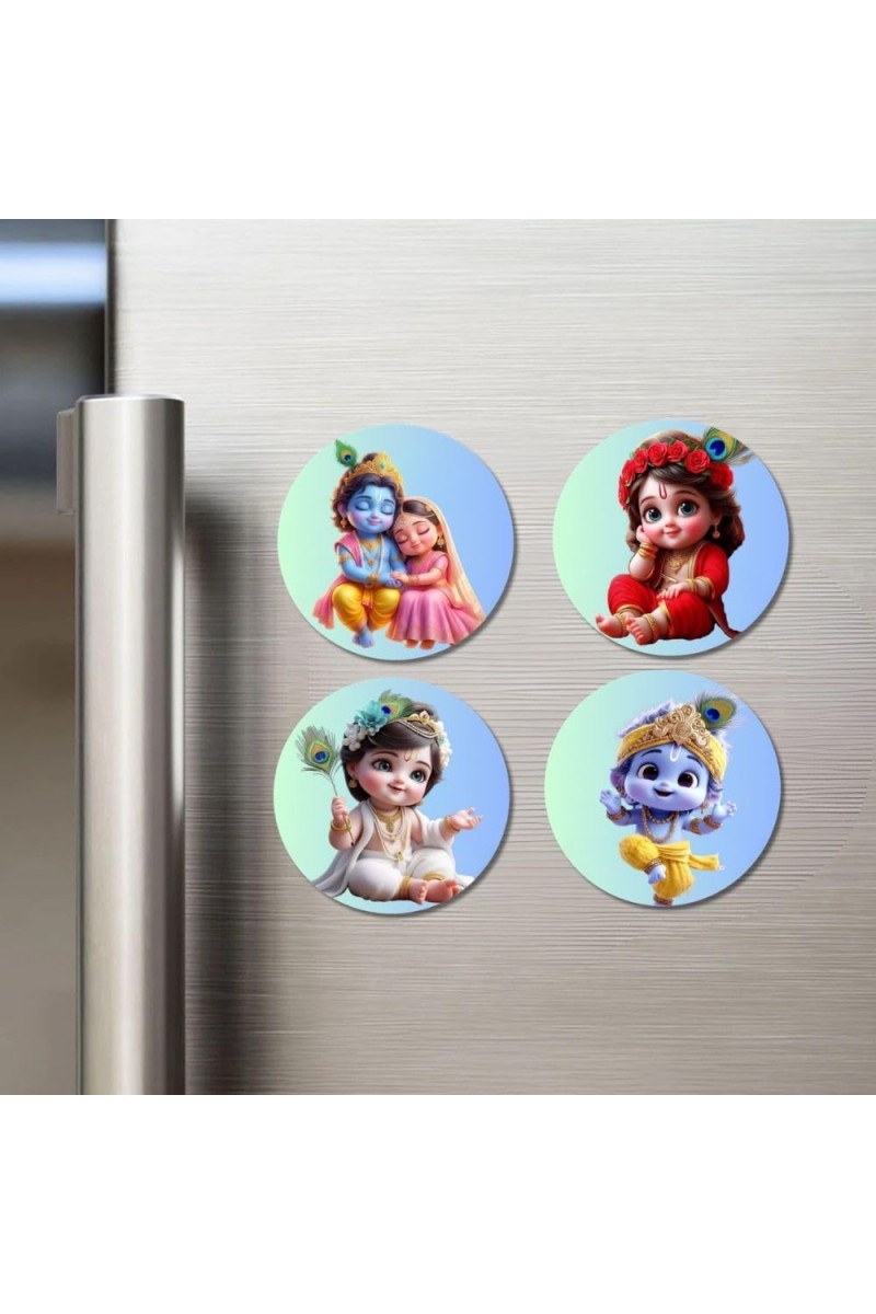 Radha and Krishna Fridge Magnets 4 Piece Set | 3 Inch Round Wall Fridge Decor (F23189)