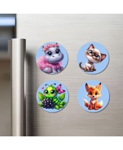 Hippo, Cat, Caterpillar, and Fox. Fridge Magnets 4 Piece Set | 3 Inch Round Wall Fridge Decor (F23148)