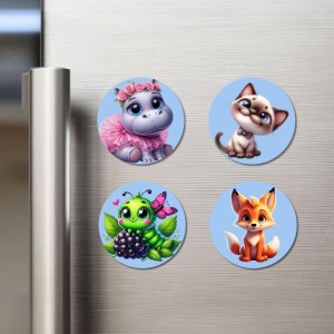 Hippo, Cat, Caterpillar, and Fox. Fridge Magnets 4 Piece Set | 3 Inch Round Wall Fridge Decor (F23148)
