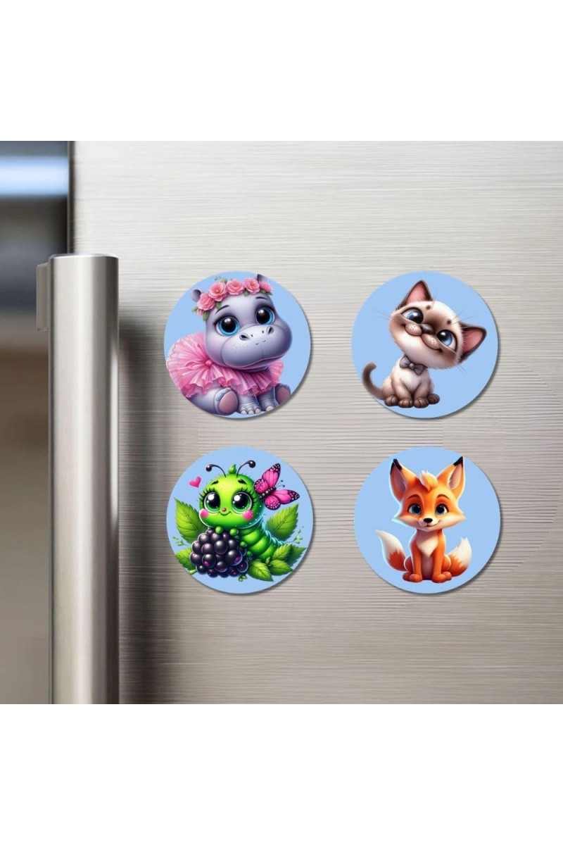 Hippo, Cat, Caterpillar, and Fox. Fridge Magnets 4 Piece Set | 3 Inch Round Wall Fridge Decor (F23148)