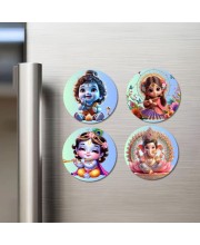Saraswati, Lakshmi, and Ganesha. Fridge Magnets 4 Piece Set | 3 Inch Round Wall Fridge Decor (F22782)