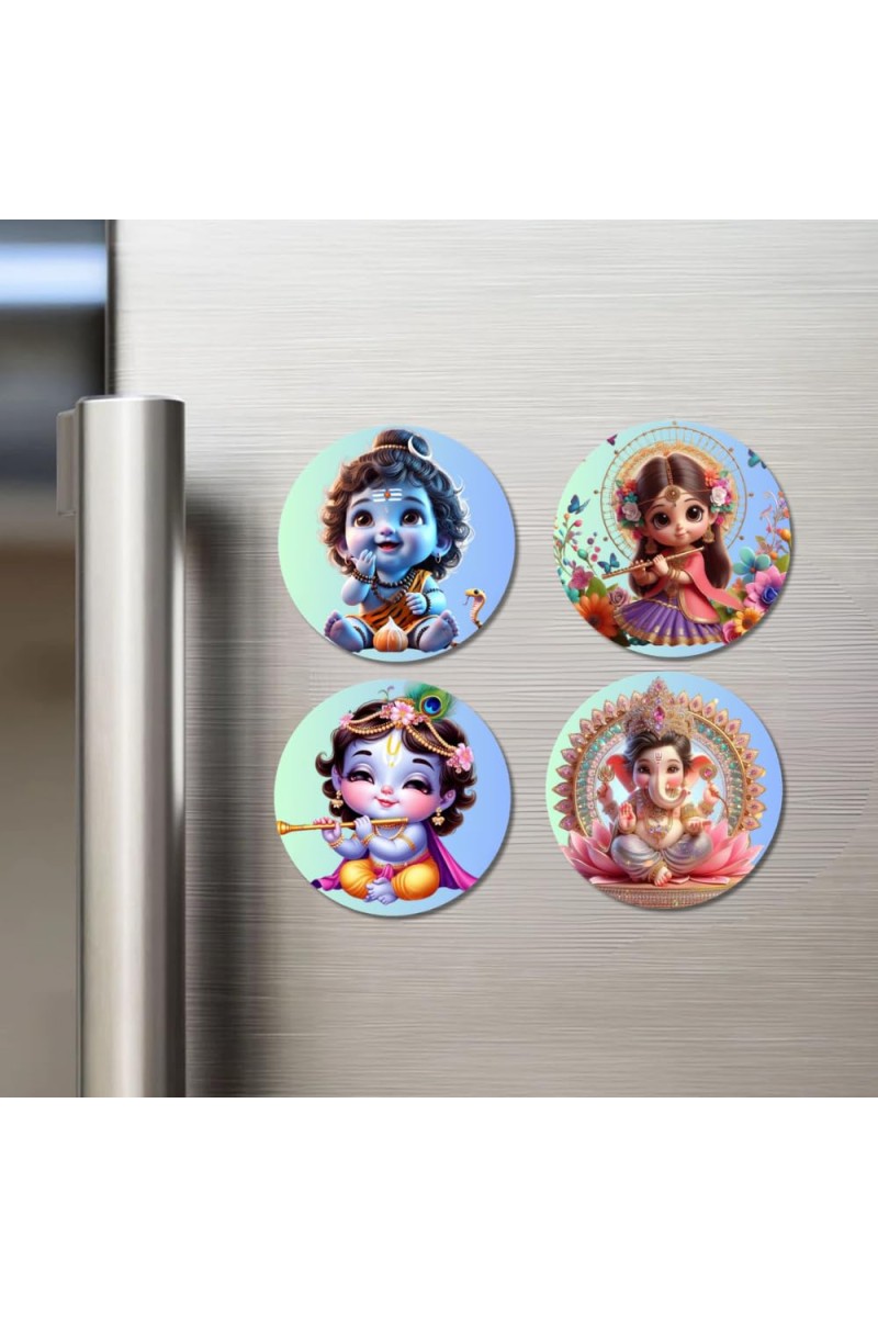 Saraswati, Lakshmi, and Ganesha. Fridge Magnets 4 Piece Set | 3 Inch Round Wall Fridge Decor (F22782)
