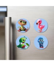 Lizard, Flamingo, Caterpillar, and Rabbit. Fridge Magnets 4 Piece Set | 3 Inch Round Wall Fridge Decor (F23141)