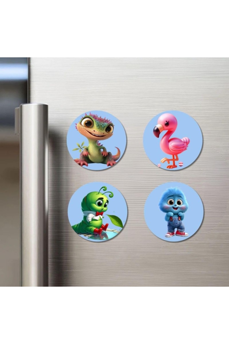 Lizard, Flamingo, Caterpillar, and Rabbit. Fridge Magnets 4 Piece Set | 3 Inch Round Wall Fridge Decor (F23141)