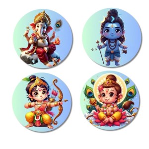 Ganesha, Shiva, Rama, and Kartikeya. Fridge Magnets 4 Piece Set | 3 Inch Round Wall Fridge Decor (F22791)