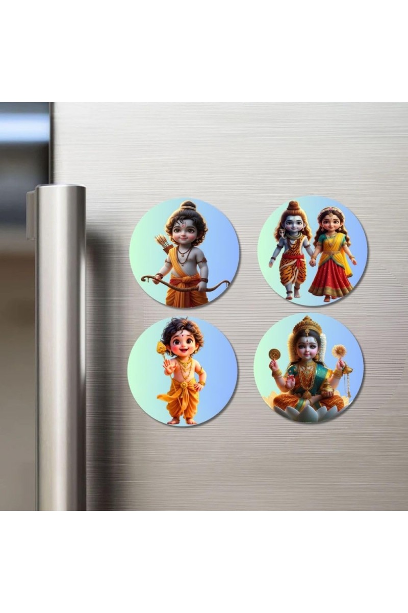 Rama, Shiva-Parvati, Krishna, Lakshmi Fridge Magnets 4 Piece Set | 3 Inch Round Wall Fridge Decor (F23180)