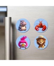 Hippo, Lobster, Bird, and Lion. Fridge Magnets 4 Piece Set | 3 Inch Round Wall Fridge Decor (F23054)