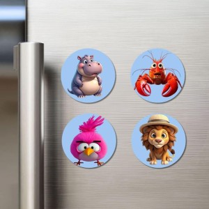 Hippo, Lobster, Bird, and Lion. Fridge Magnets 4 Piece Set | 3 Inch Round Wall Fridge Decor (F23054) Hippo, Lobster, Bird, and Lion. Fridge Magnets 4 Piece Set | 3 Inch Round Wall Fridge Decor (F23054)