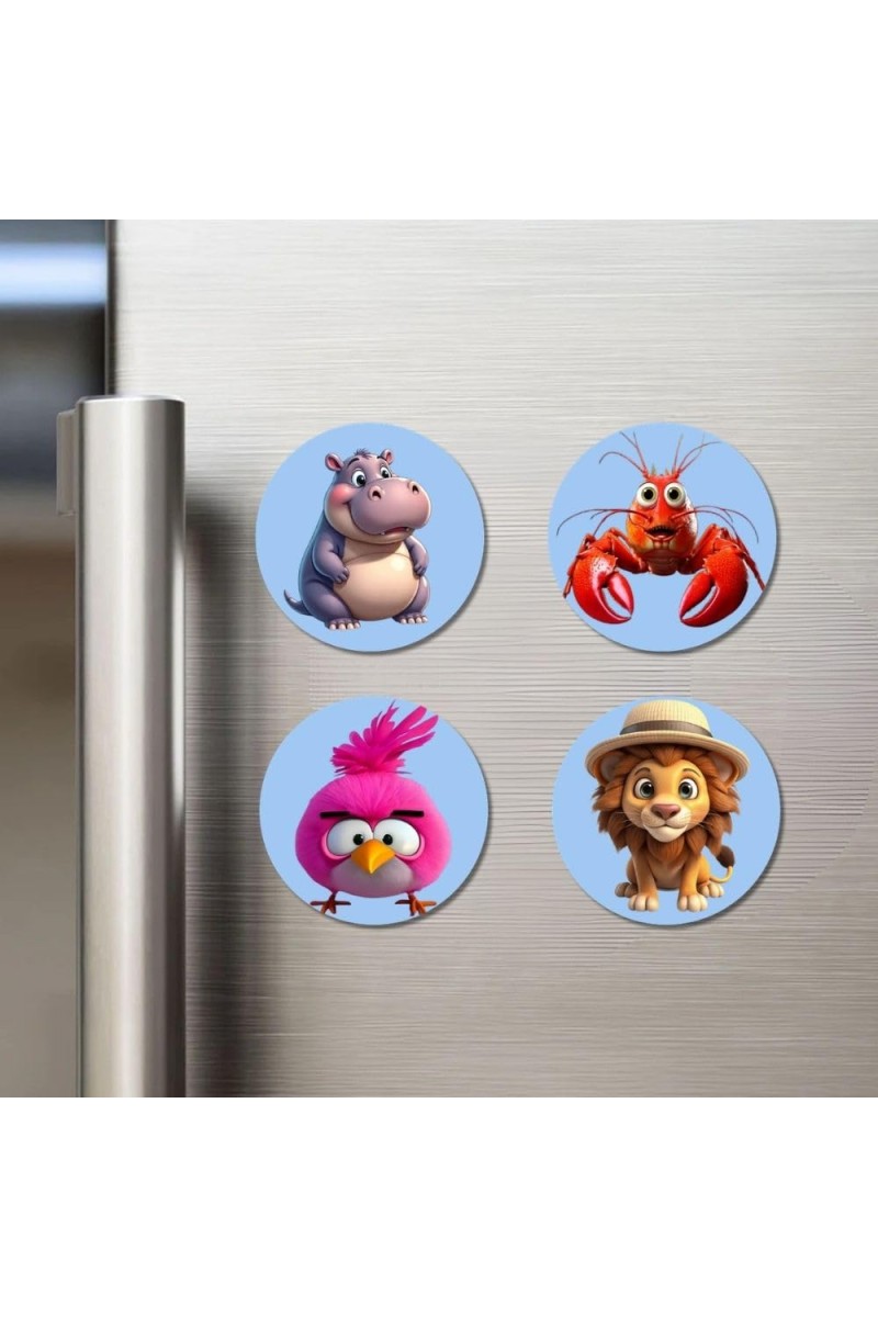 Hippo, Lobster, Bird, and Lion. Fridge Magnets 4 Piece Set | 3 Inch Round Wall Fridge Decor (F23054)