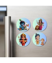 Krishna, Durga, Rama, and Hanuman. Fridge Magnets 4 Piece Set | 3 Inch Round Wall Fridge Decor (F22802)