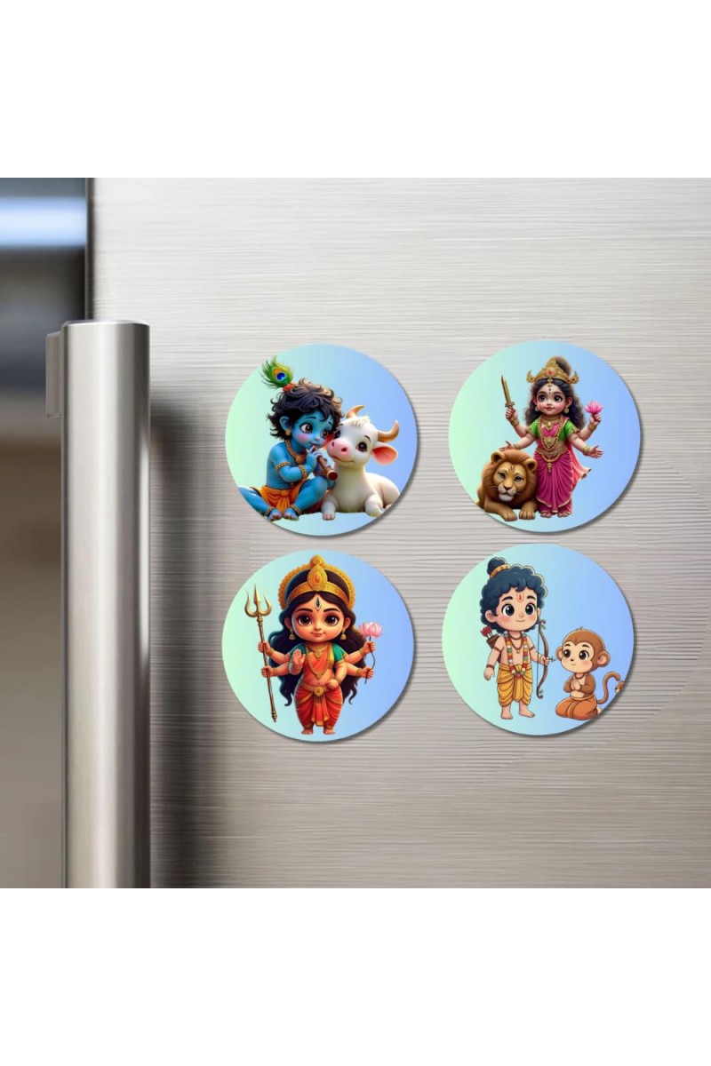 Krishna, Durga, Rama, and Hanuman. Fridge Magnets 4 Piece Set | 3 Inch Round Wall Fridge Decor (F22802)