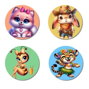 Cat, Rabbit, Bee, and Cheetah. Fridge Magnets 4 Piece Set | 3 Inch Round Wall Fridge Decor (F22962) Cat, Rabbit, Bee, and Cheetah. Fridge Magnets 4 Piece Set | 3 Inch Round Wall Fridge Decor (F22962)