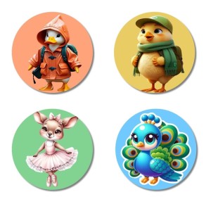 Penguin, Chick, Mouse, and Peacock. Fridge Magnets 4 Piece Set | 3 Inch Round Wall Fridge Decor (F23000) Penguin, Chick, Mouse, and Peacock. Fridge Magnets 4 Piece Set | 3 Inch Round Wall Fridge Decor (F23000)