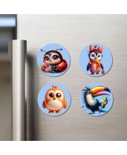 Ladybug, Penguin, Chick, and Toucan. Fridge Magnets 4 Piece Set | 3 Inch Round Wall Fridge Decor (F23074)