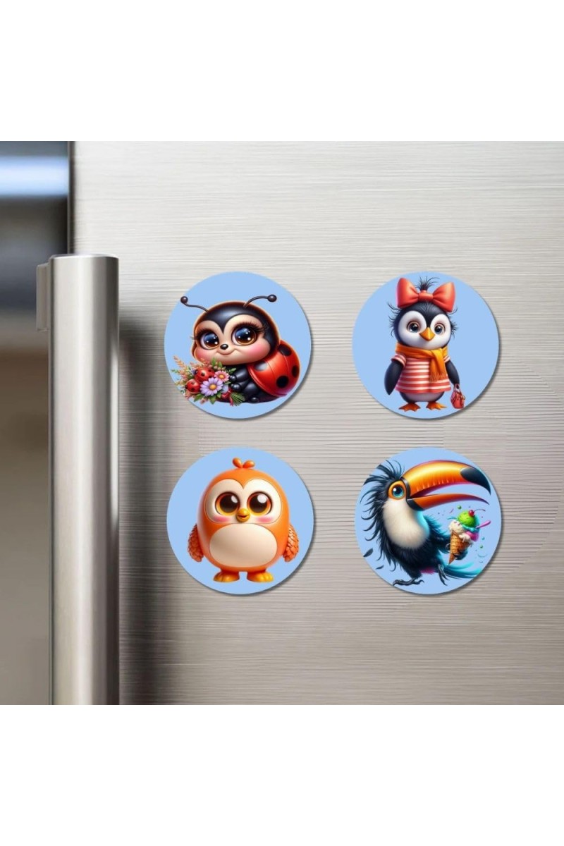 Ladybug, Penguin, Chick, and Toucan. Fridge Magnets 4 Piece Set | 3 Inch Round Wall Fridge Decor (F23074)