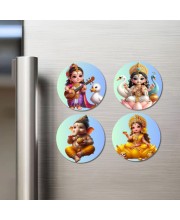 Saraswati, Ganesha, and Lakshmi. Fridge Magnets 4 Piece Set | 3 Inch Round Wall Fridge Decor (F22781)