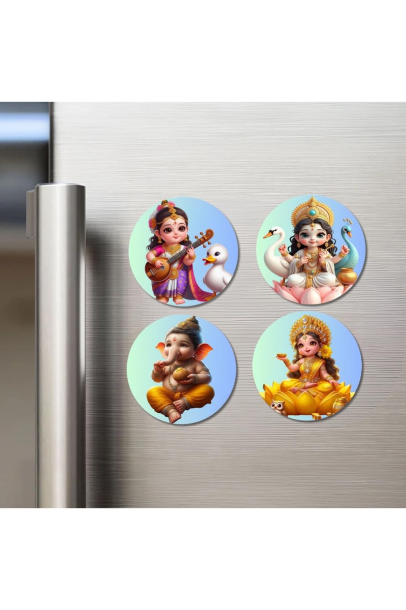 Saraswati, Ganesha, and Lakshmi. Fridge Magnets 4 Piece Set | 3 Inch Round Wall Fridge Decor (F22781)