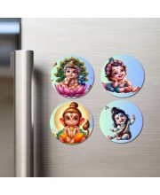 Kartikeya, Krishna, Hanuman, and Shiva. Fridge Magnets 4 Piece Set | 3 Inch Round Wall Fridge Decor (F22820)