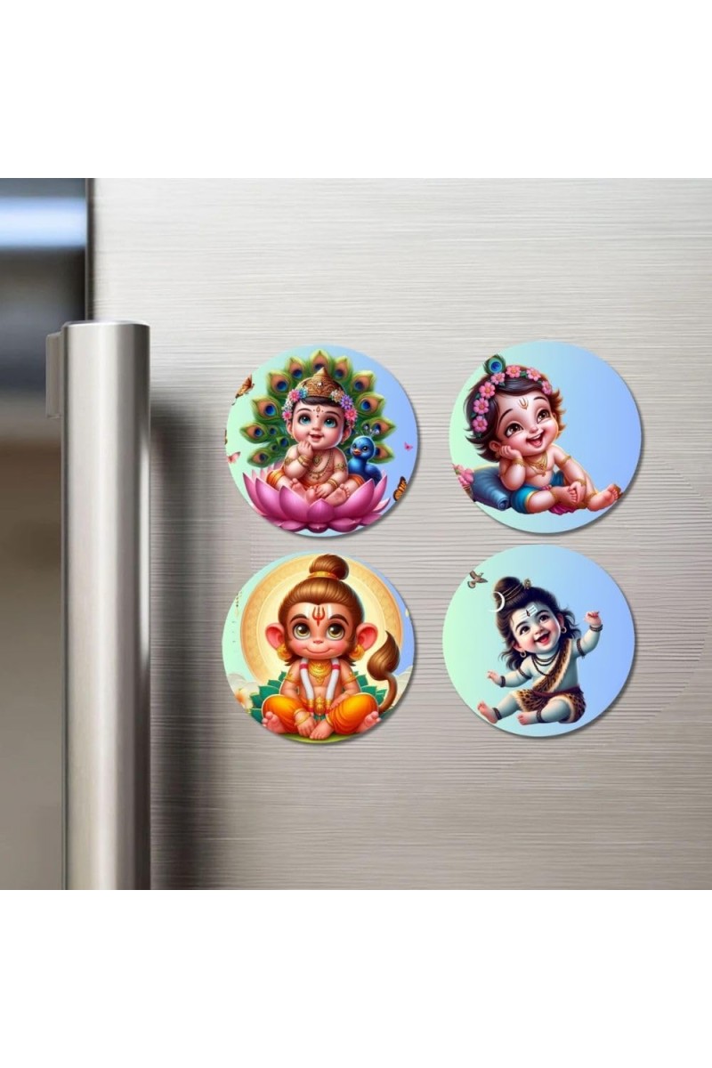Kartikeya, Krishna, Hanuman, and Shiva. Fridge Magnets 4 Piece Set | 3 Inch Round Wall Fridge Decor (F22820)