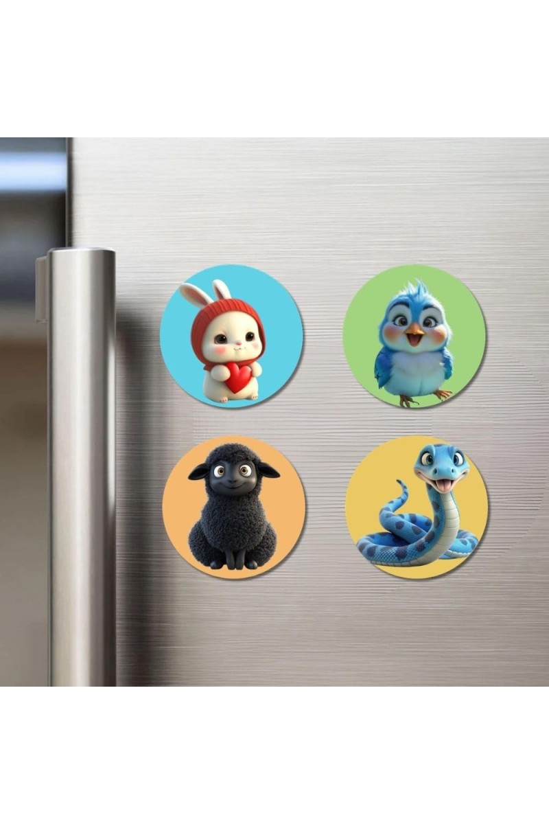 Rabbit, Bluebird, Sheep, and Snake. Fridge Magnets 4 Piece Set | 3 Inch Round Wall Fridge Decor (F22871)