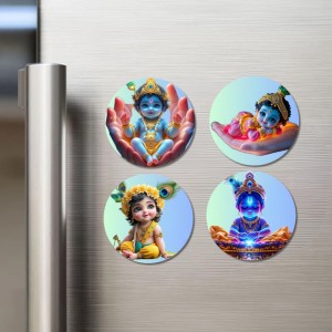 Krishna Fridge Magnets 4 Piece Set | 3 Inch Round Wall Fridge Decor (F22766)