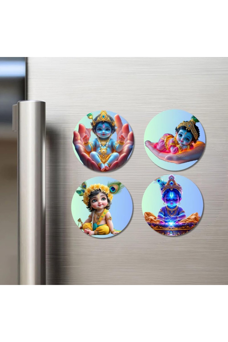 Krishna Fridge Magnets 4 Piece Set | 3 Inch Round Wall Fridge Decor (F22766)