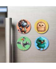Hippo, Hedgehog, Heron, and Chick. Fridge Magnets 4 Piece Set | 3 Inch Round Wall Fridge Decor (F23048)