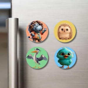 Hippo, Hedgehog, Heron, and Chick. Fridge Magnets 4 Piece Set | 3 Inch Round Wall Fridge Decor (F23048)