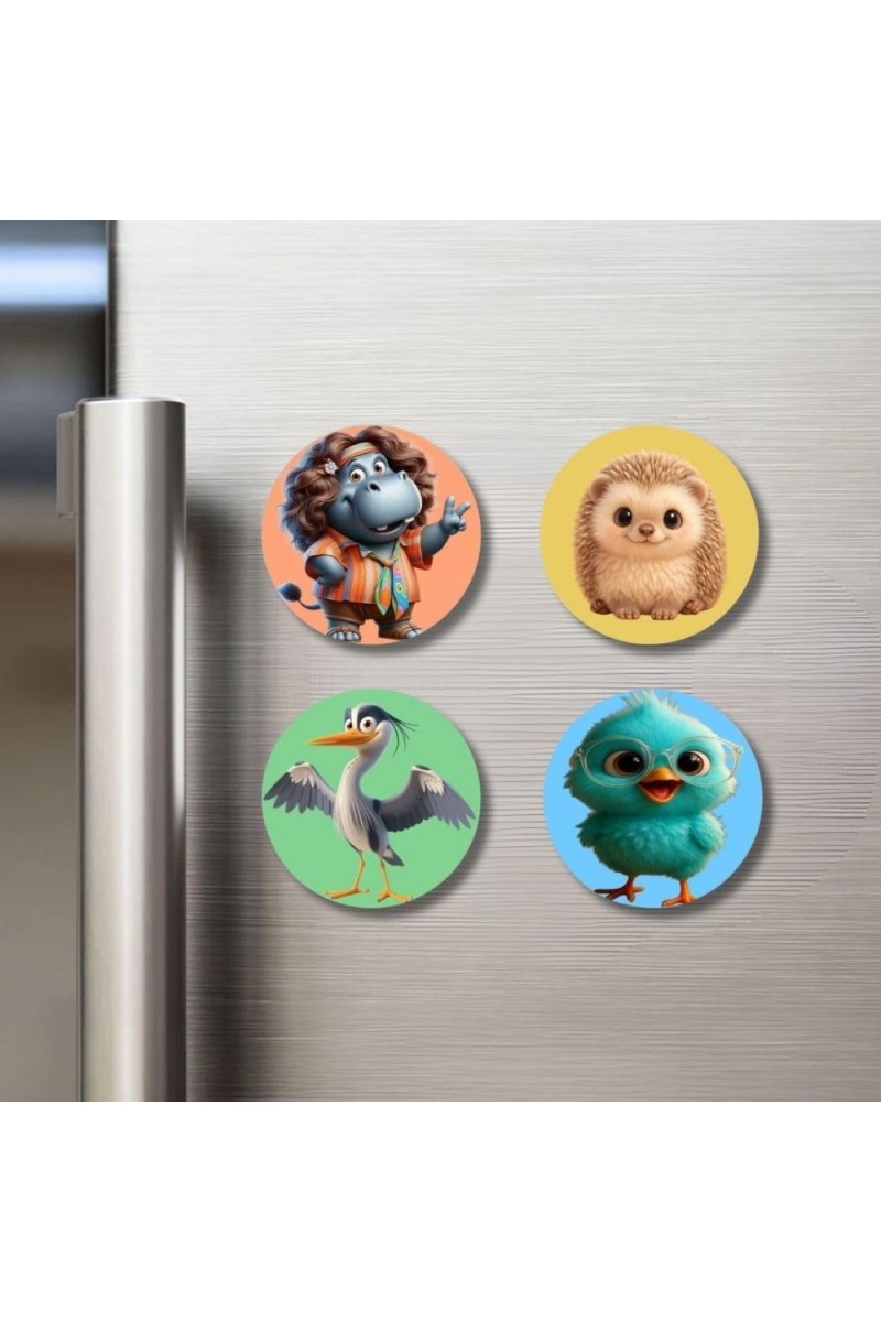 Hippo, Hedgehog, Heron, and Chick. Fridge Magnets 4 Piece Set | 3 Inch Round Wall Fridge Decor (F23048)