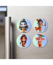 Shiva, Rama, Hanuman, and Ganesha. Fridge Magnets 4 Piece Set | 3 Inch Round Wall Fridge Decor (F22775)