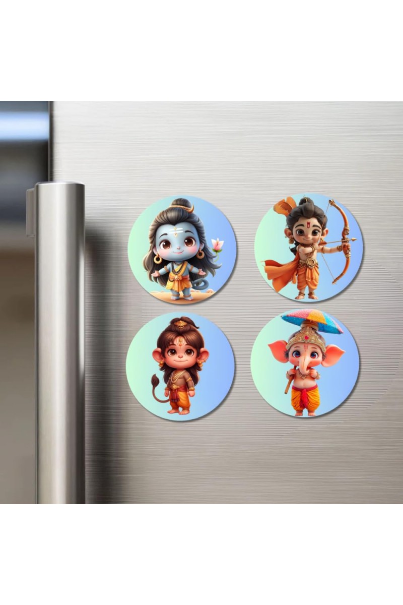 Shiva, Rama, Hanuman, and Ganesha. Fridge Magnets 4 Piece Set | 3 Inch Round Wall Fridge Decor (F22775)