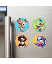 Deer, Sparrow, Dog, and Dolphin. Fridge Magnets 4 Piece Set | 3 Inch Round Wall Fridge Decor (F22913)