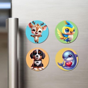 Deer, Sparrow, Dog, and Dolphin. Fridge Magnets 4 Piece Set | 3 Inch Round Wall Fridge Decor (F22913)