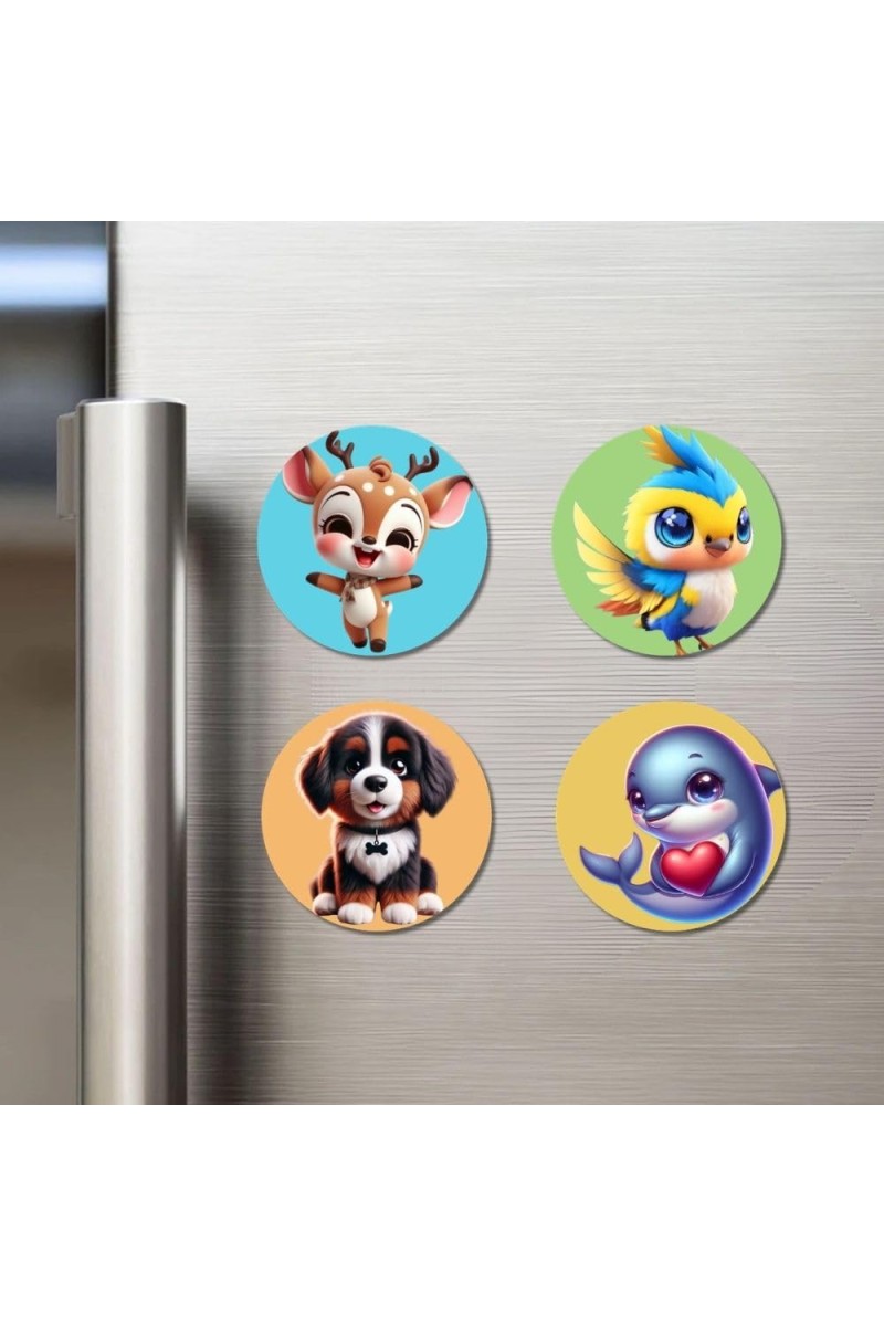 Deer, Sparrow, Dog, and Dolphin. Fridge Magnets 4 Piece Set | 3 Inch Round Wall Fridge Decor (F22913)