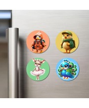 Penguin, Chick, Mouse, and Peacock. Fridge Magnets 4 Piece Set | 3 Inch Round Wall Fridge Decor (F23000)
