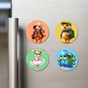 Penguin, Chick, Mouse, and Peacock. Fridge Magnets 4 Piece Set | 3 Inch Round Wall Fridge Decor (F23000) Penguin, Chick, Mouse, and Peacock. Fridge Magnets 4 Piece Set | 3 Inch Round Wall Fridge Decor (F23000)