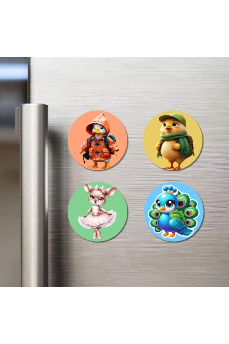 Penguin, Chick, Mouse, and Peacock. Fridge Magnets 4 Piece Set | 3 Inch Round Wall Fridge Decor (F23000)