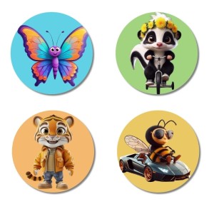 Butterfly, Skunk, Tiger, and Bee. Fridge Magnets 4 Piece Set | 3 Inch Round Wall Fridge Decor (F22945)