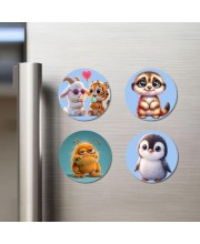 Goat and Tiger, Meerkat, Monster, and Penguin. Fridge Magnets 4 Piece Set | 3 Inch Round Wall Fridge Decor (F23140)