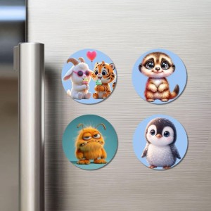 Goat and Tiger, Meerkat, Monster, and Penguin. Fridge Magnets 4 Piece Set | 3 Inch Round Wall Fridge Decor (F23140)