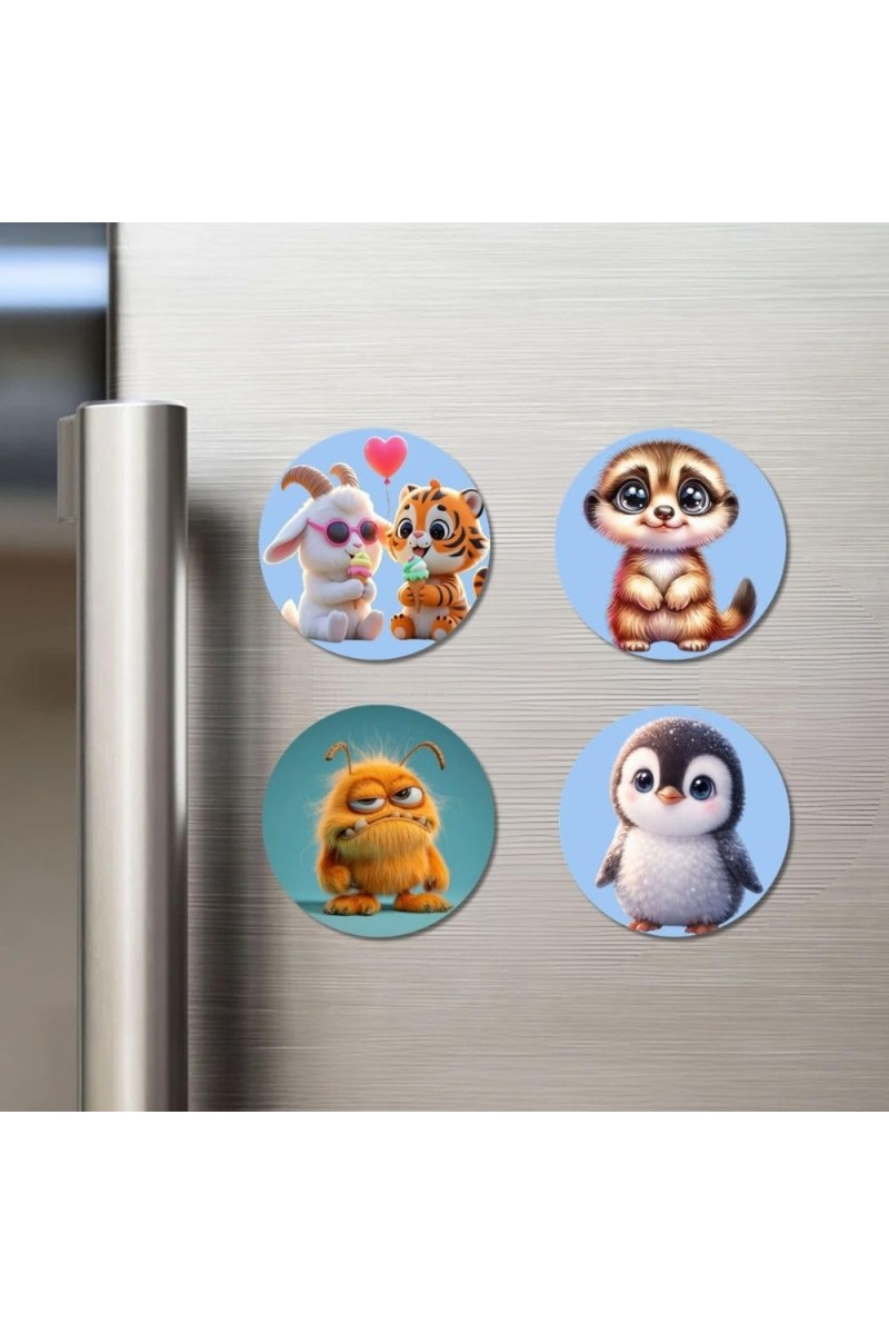 Goat and Tiger, Meerkat, Monster, and Penguin. Fridge Magnets 4 Piece Set | 3 Inch Round Wall Fridge Decor (F23140)