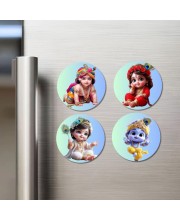 Krishna and Radha. Fridge Magnets 4 Piece Set | 3 Inch Round Wall Fridge Decor (F22772)